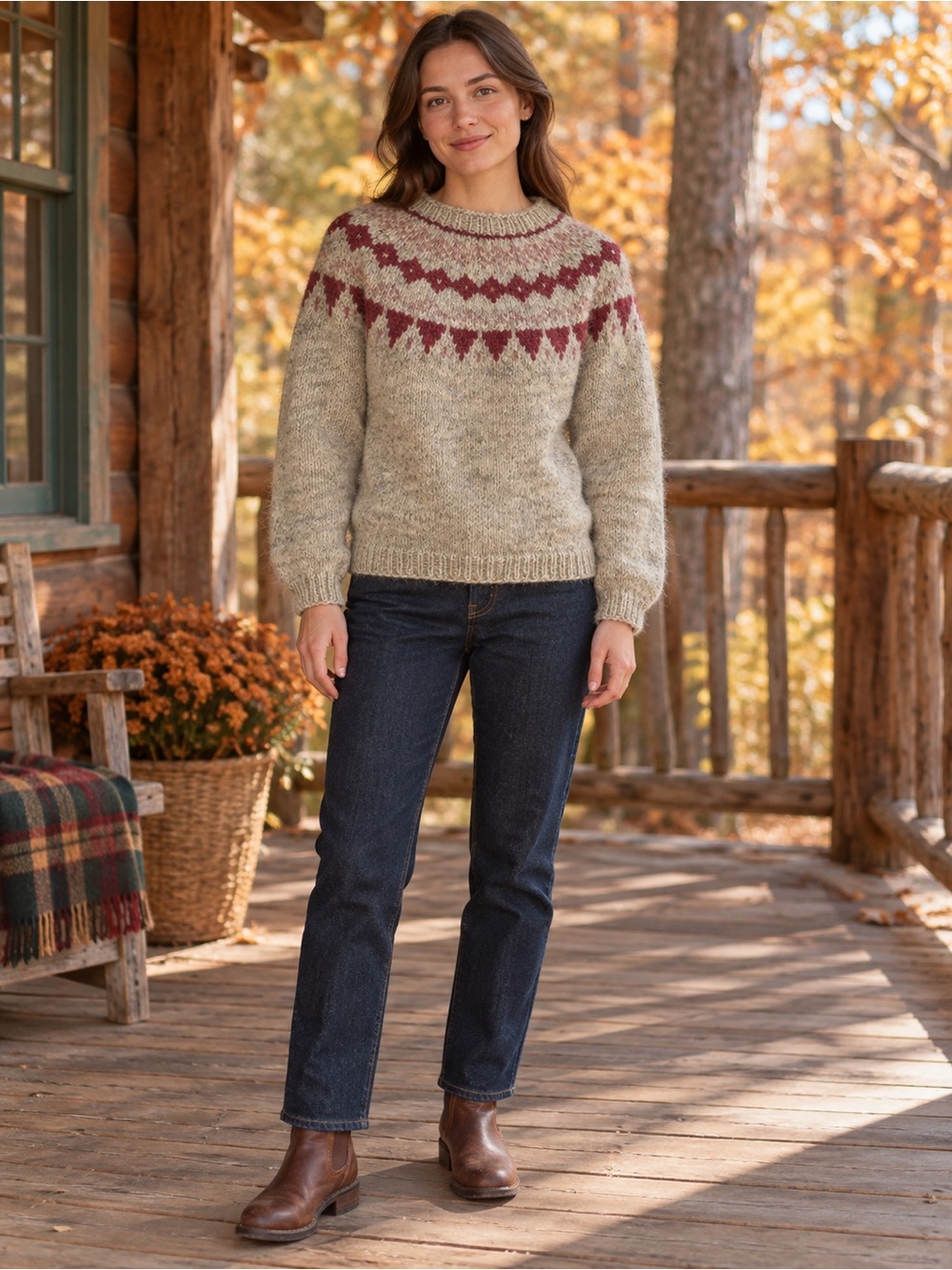 Handknit Nordic Yoke Sweater in Natural and Plum